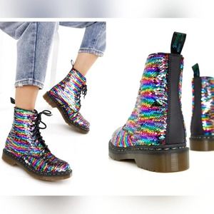 Dr Doc Martens Pascal Boots Sequin Rainbow / Silver Moto Size 5 UK / 7 Women's